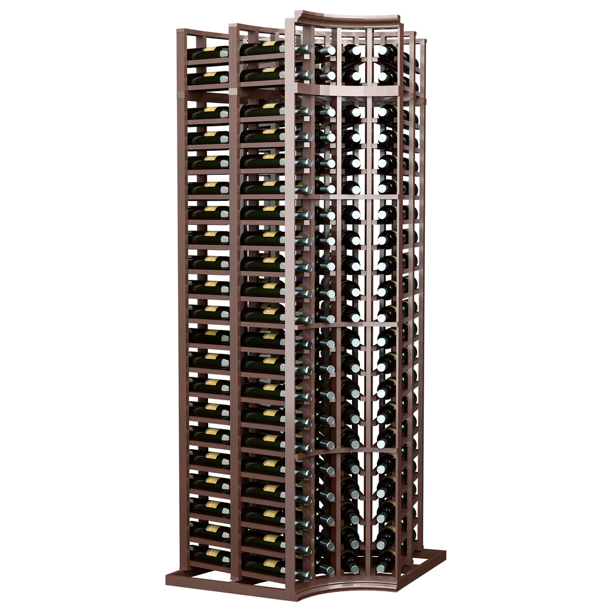 4-column double-deep curved corner wine bottle rack, dark wood frame, black bottle holders