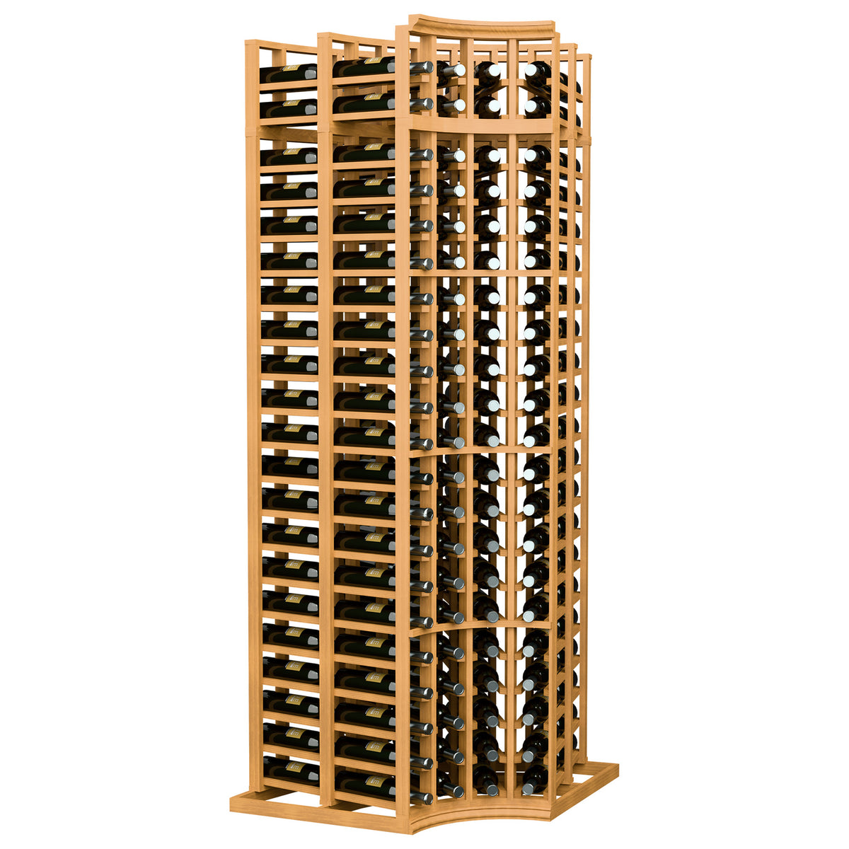 4-column double-deep curved corner wine bottle rack, golden wood frame, rows of bottles