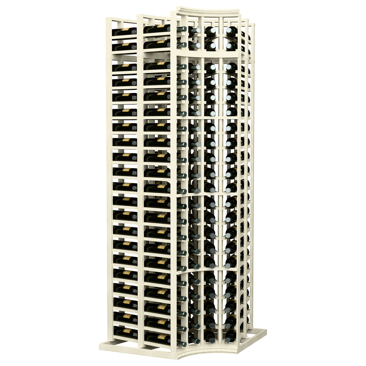 4-column double-deep curved corner wine bottle rack, white frame, rows of bottles