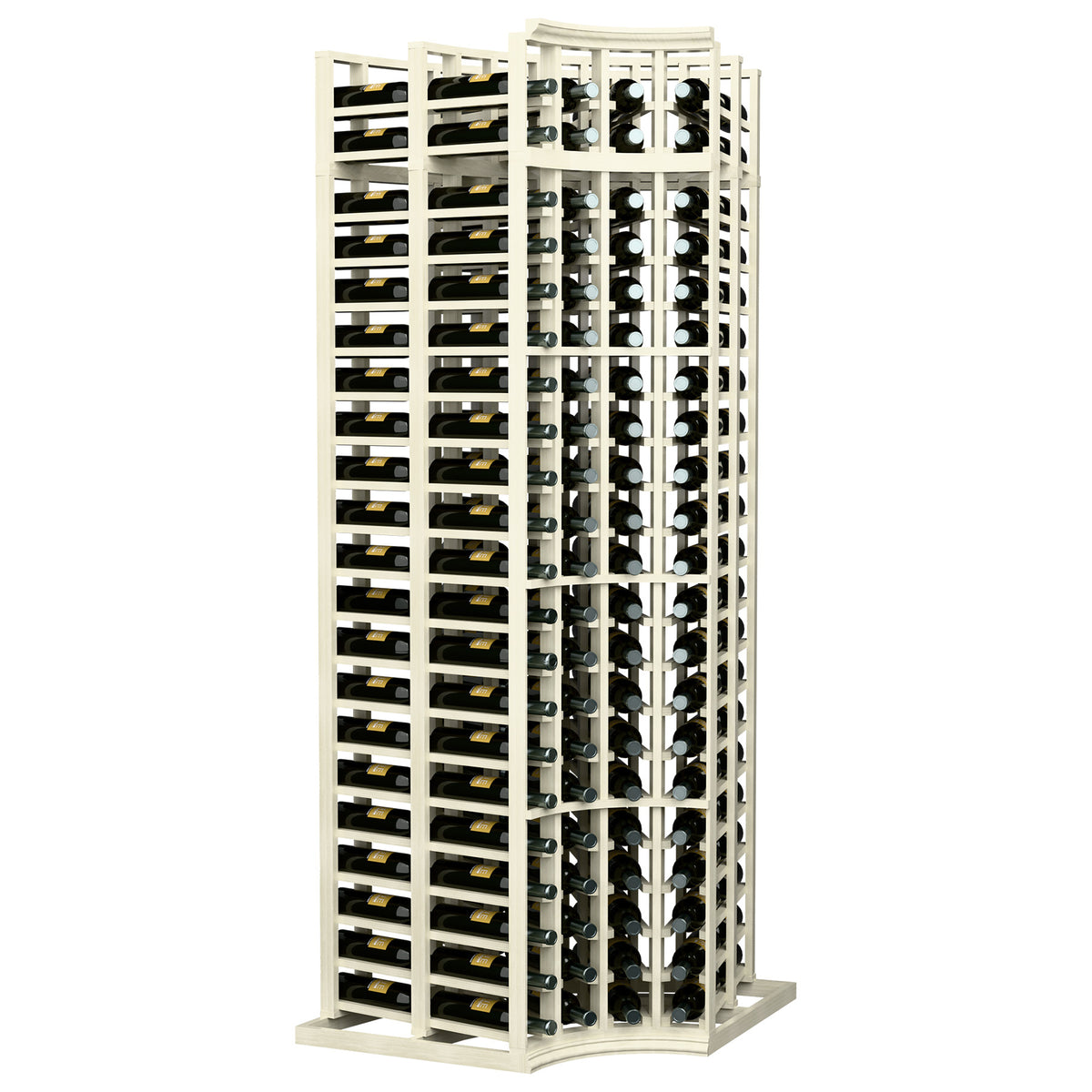 4-column double-deep curved corner wine bottle rack, white frame, black bottle holders