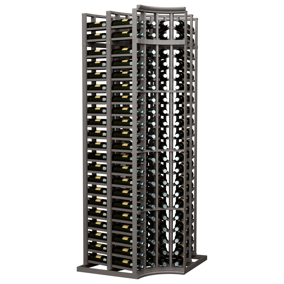 4-column curved corner double-deep wine rack with black frame and grid holders