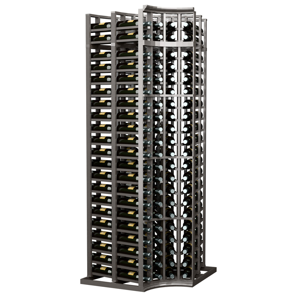 4-column curved corner double-deep wine rack viewed front, black wood frame