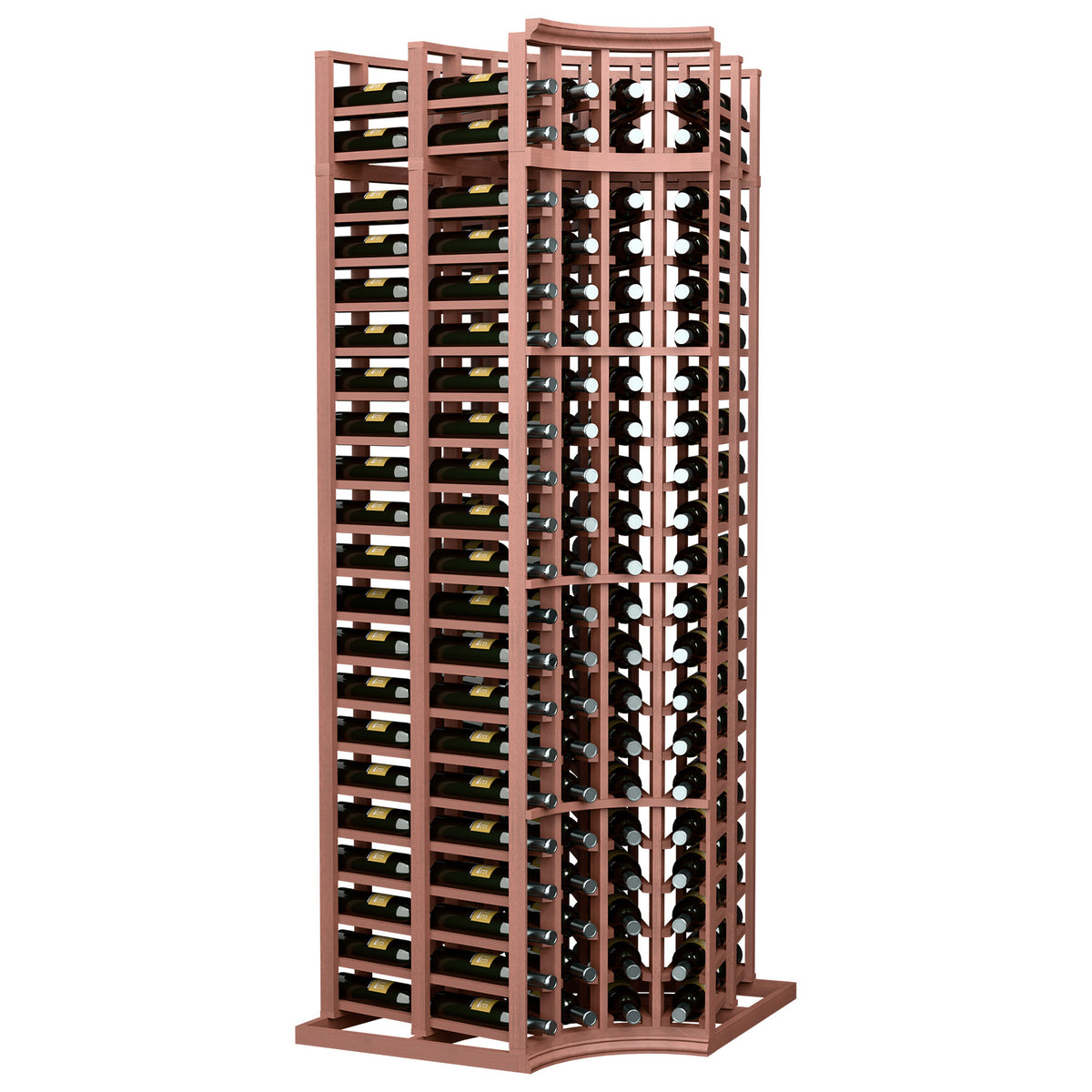 4-column curved corner double-deep wine rack with reddish-brown wood frame