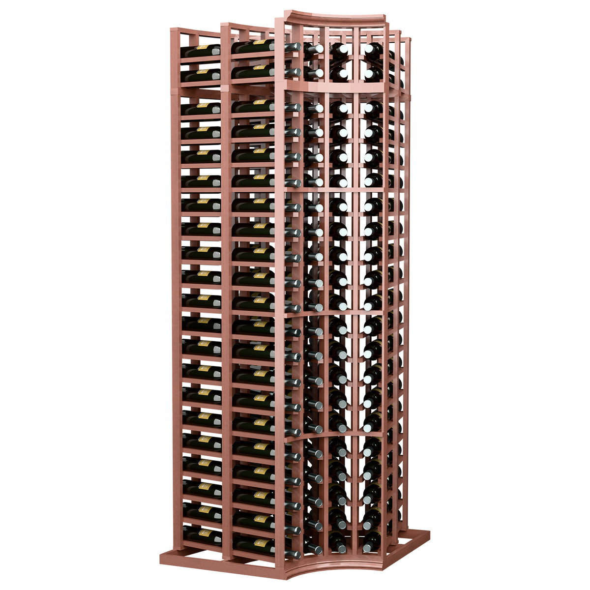 Curved corner double-deep wine rack with 4 columns and reddish-brown frame