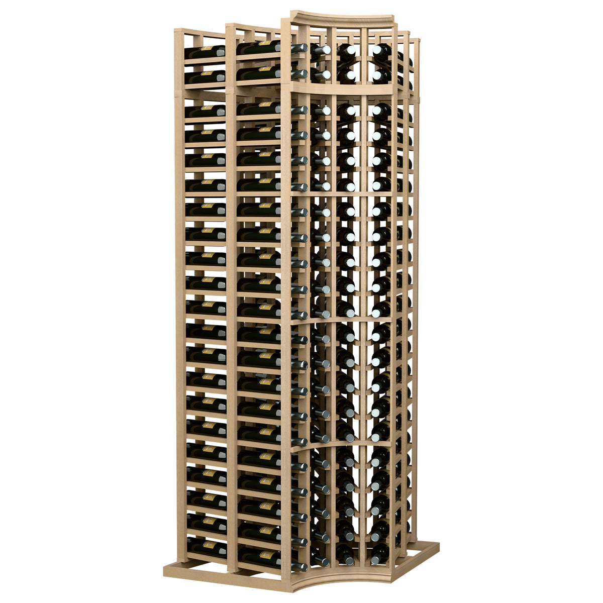 4-column curved corner double-deep wine rack with light tan wood frame