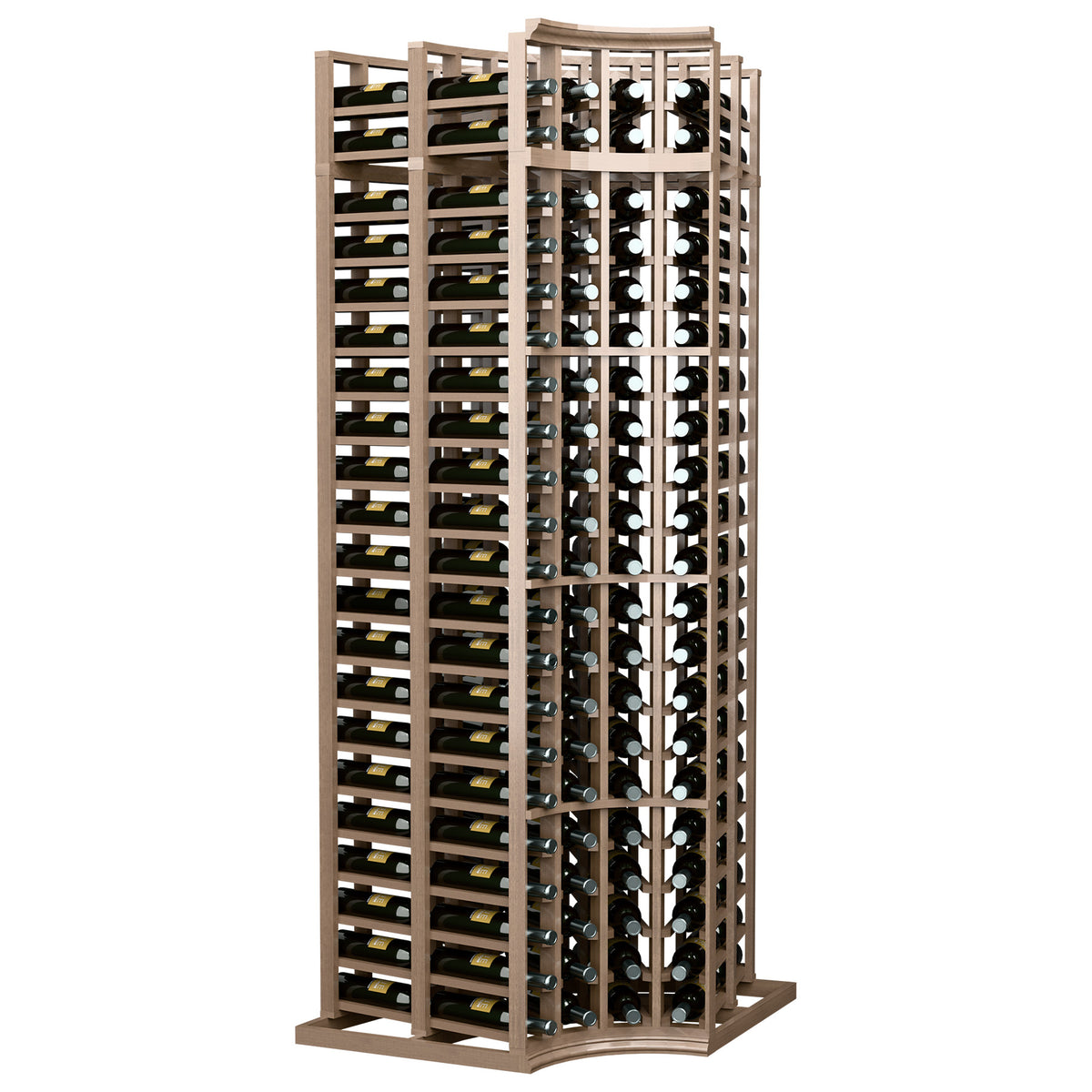 Curved corner double-deep wine rack with 4 columns and light tan wood frame