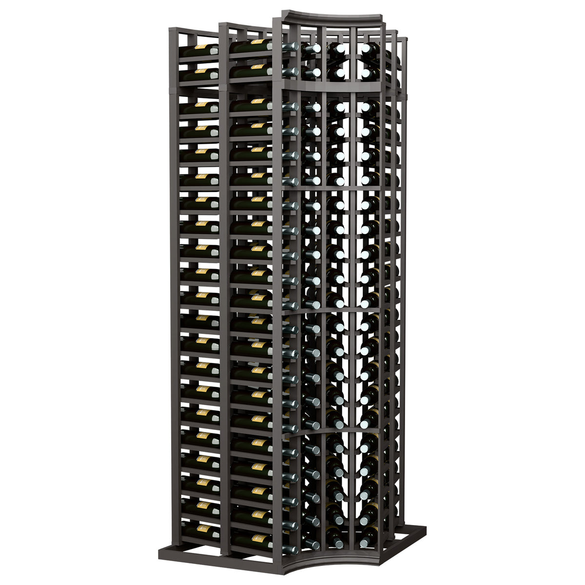4-column curved corner double-deep wine rack with dark frame and bottle slots