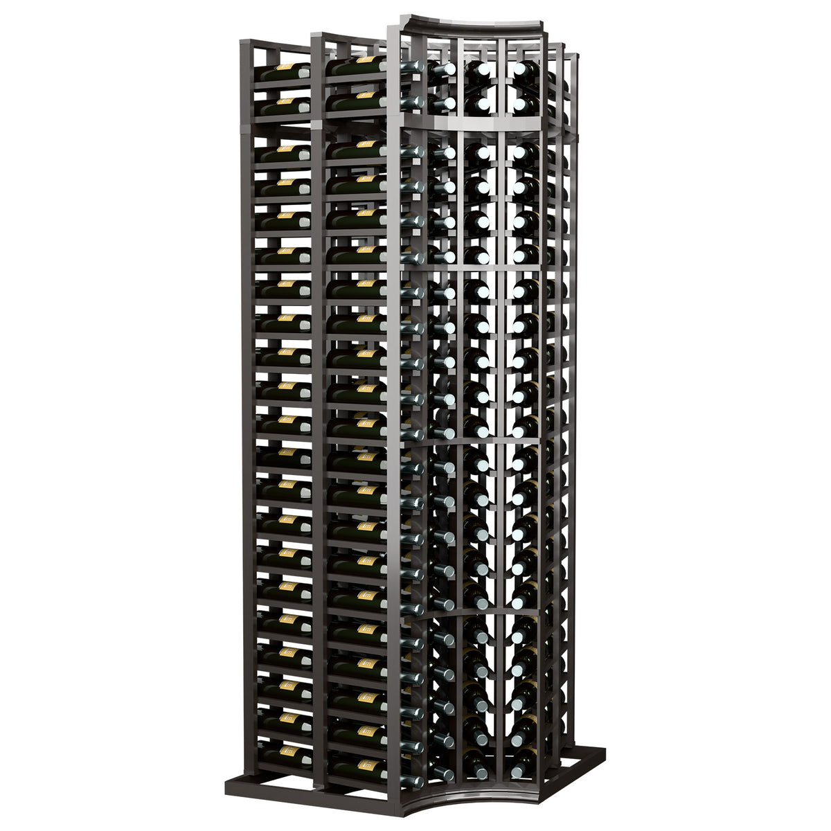 Curved corner double-deep wine rack with 4 columns and dark wood frame