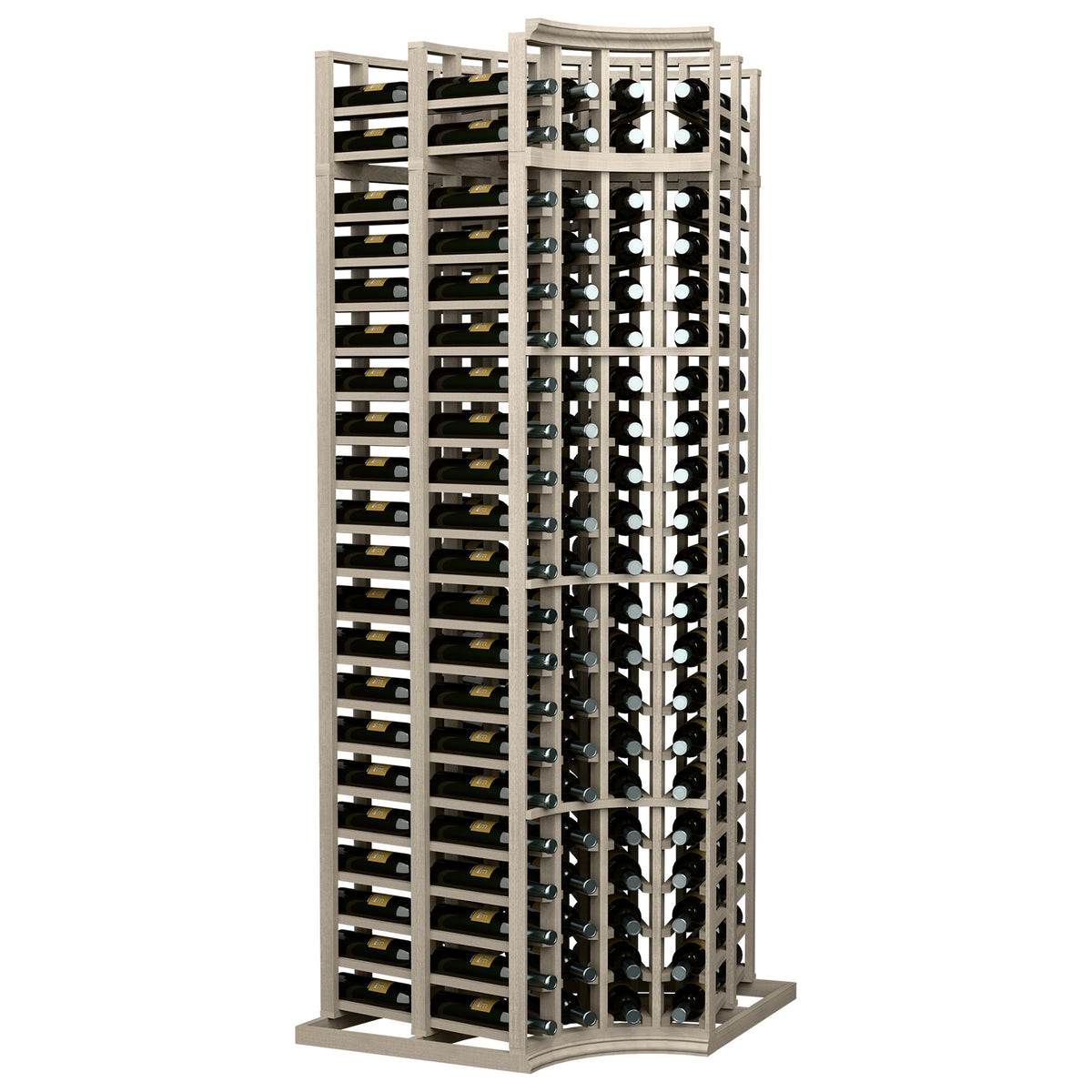 White-wash wooden wine rack with curved corner, double-deep 4-column bottle storage