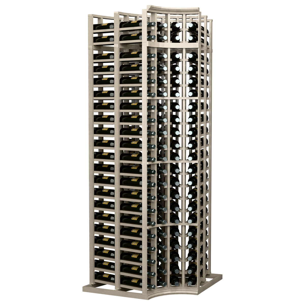 White-wash wood wine rack with curved corner design and double-deep 4-column storage