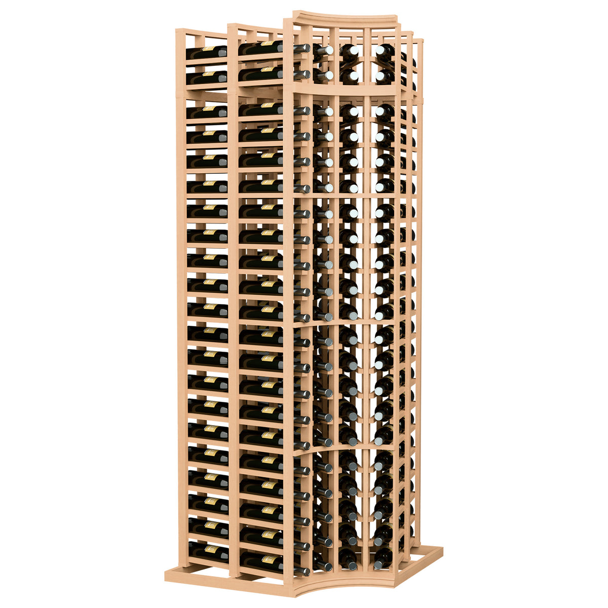 Light wood wine rack with curved corner, double-deep 4-column design for bottles