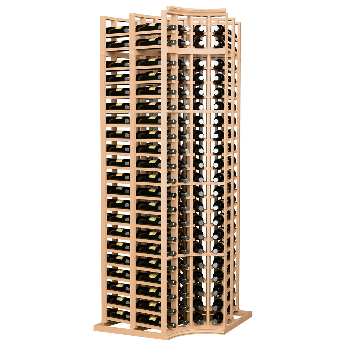 Light wood curved-corner wine rack with double-deep 4-column bottle storage