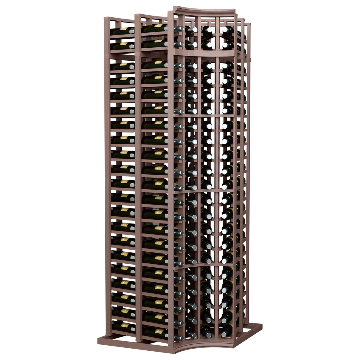 Espresso-brown wine rack with curved corner, double-deep 4-column bottle storage