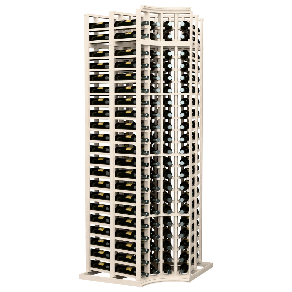 Natural-tone wood wine rack with curved corner, double-deep 4-column bottle storage
