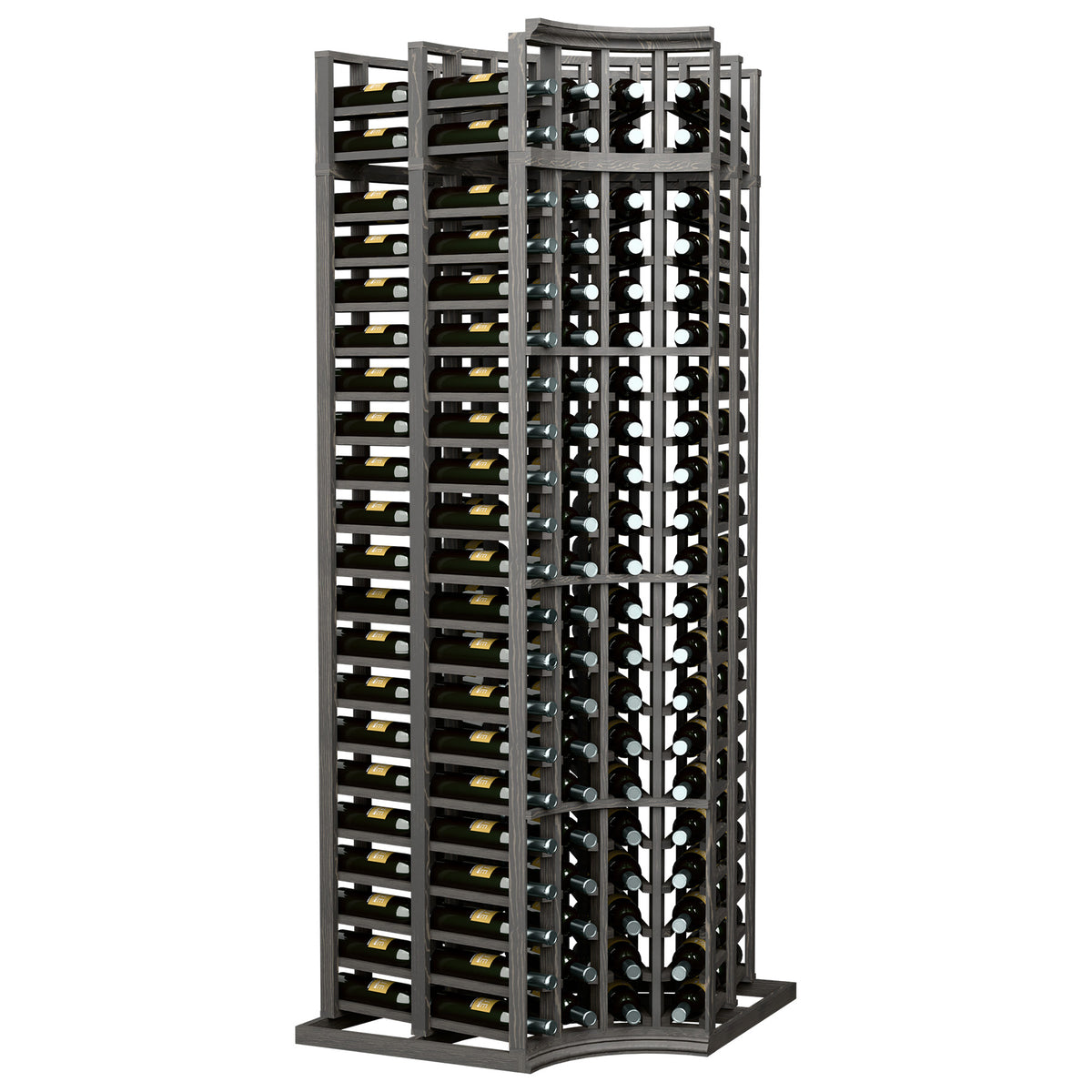 4-column double deep corner wine bottle rack with curved top, dark frame, bottle slots