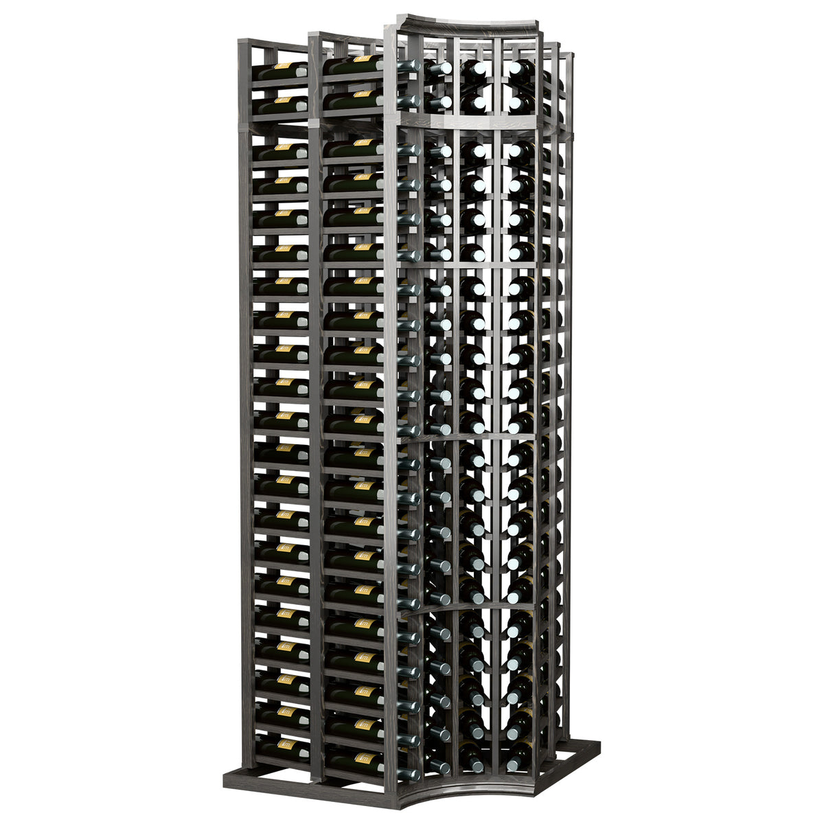 4-column double deep corner wine bottle rack with curved top, dark frame, bottle slots