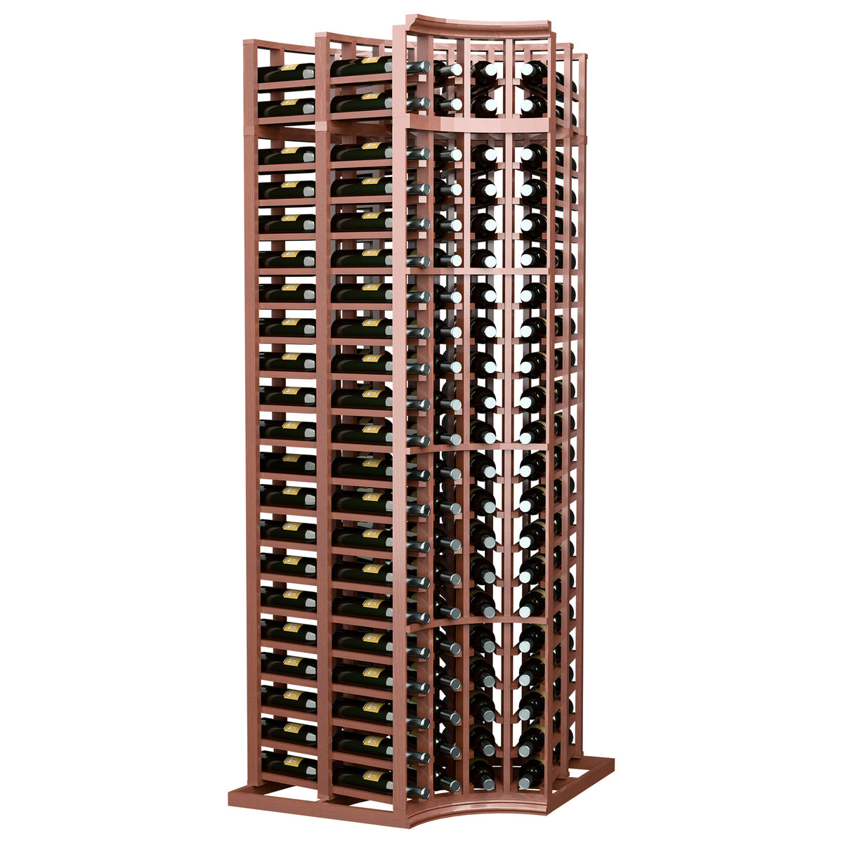 4-column double deep corner wine bottle rack with curved top, light wood frame, bottle slots