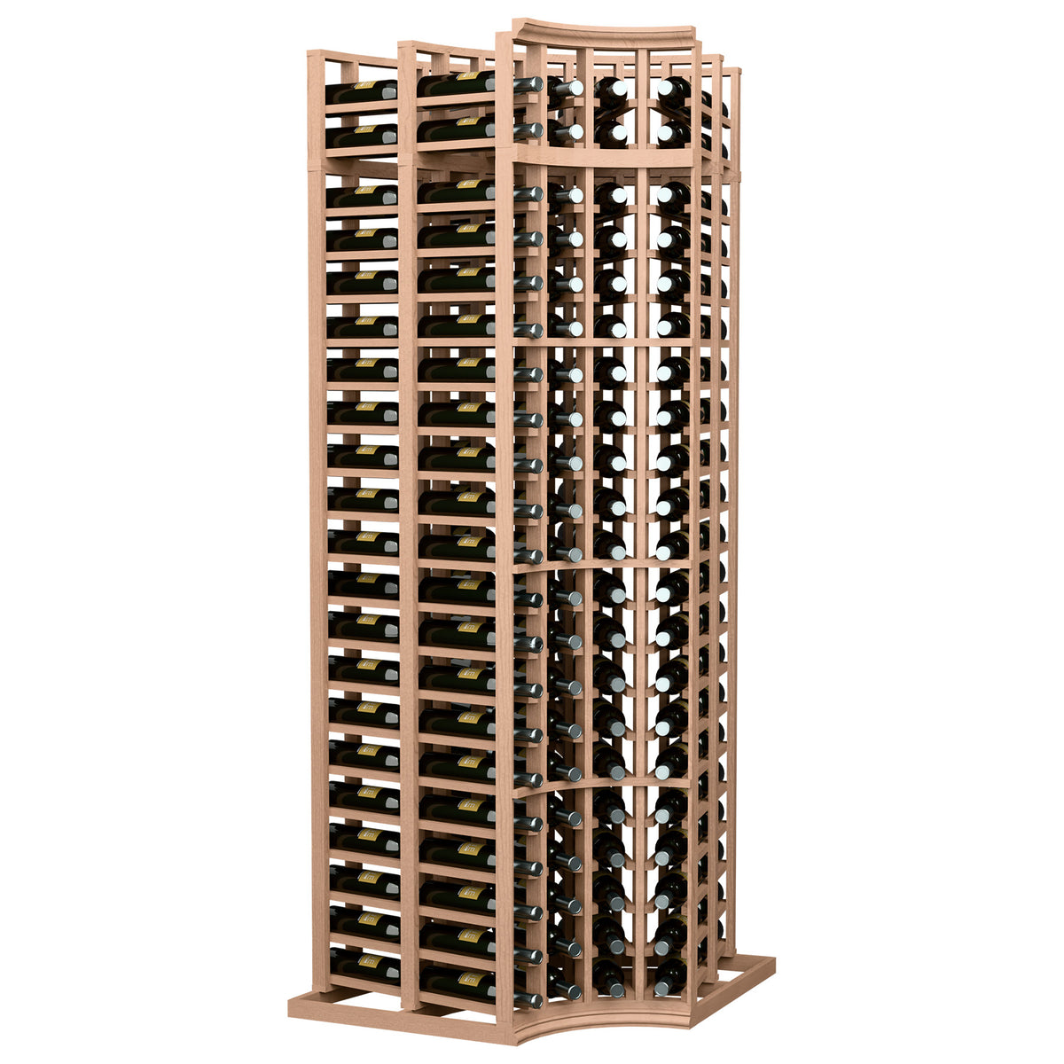 4-column double deep corner wine bottle rack with curved top, light wood frame, bottle slots