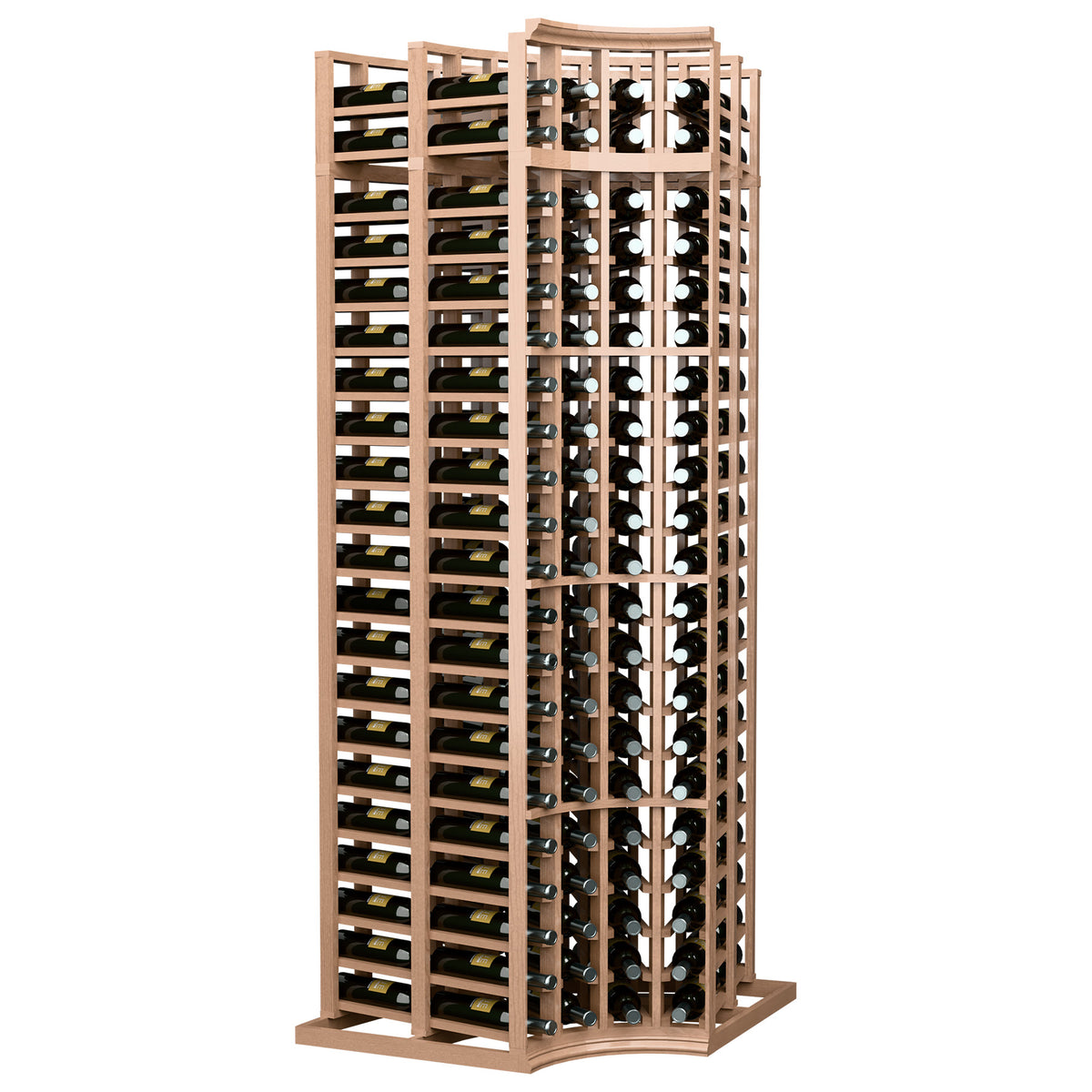 4-column double deep corner wine bottle rack with curved top, light wood frame, bottle slots