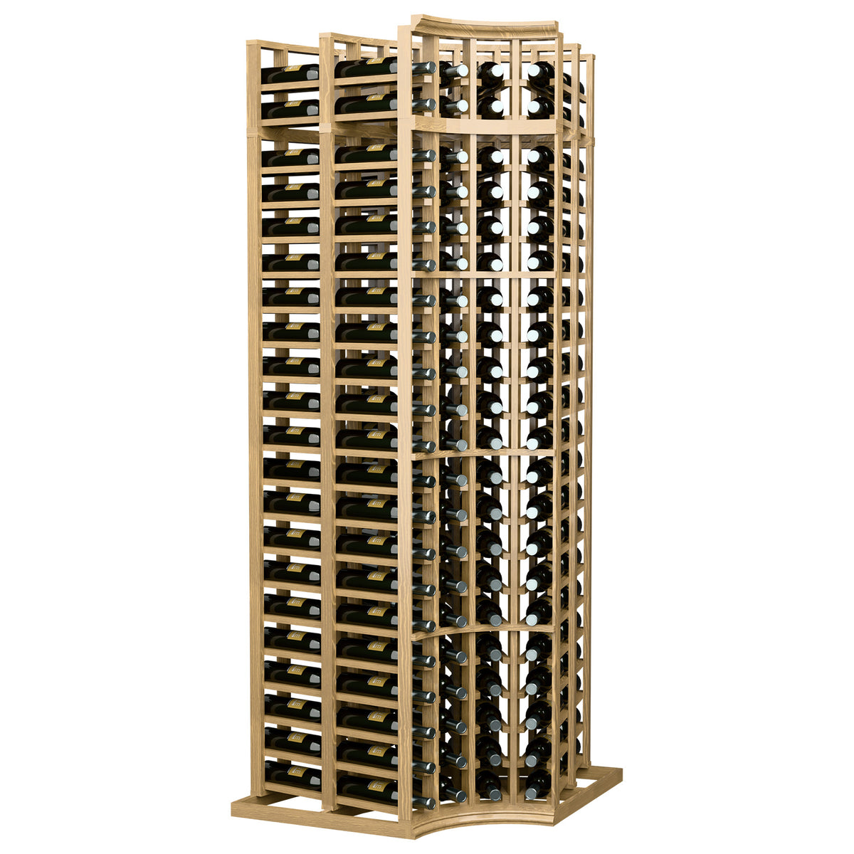 4-column double deep corner wine bottle rack with curved top, light wood frame, bottle slots