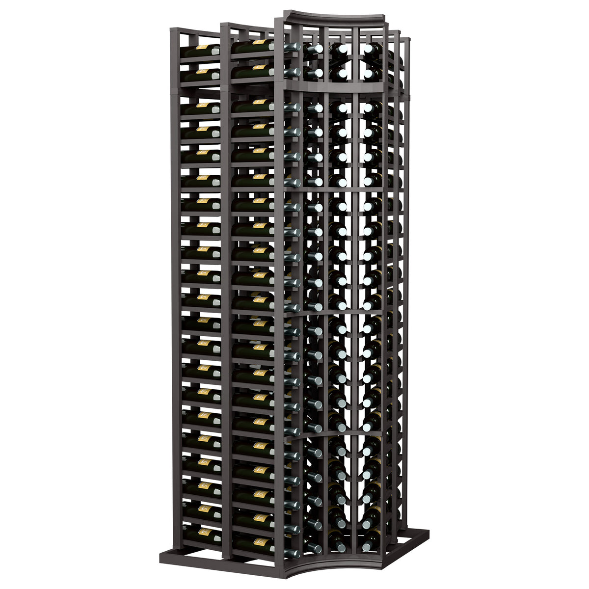 4-column double deep corner wine bottle rack with curved top, dark frame, bottle slots