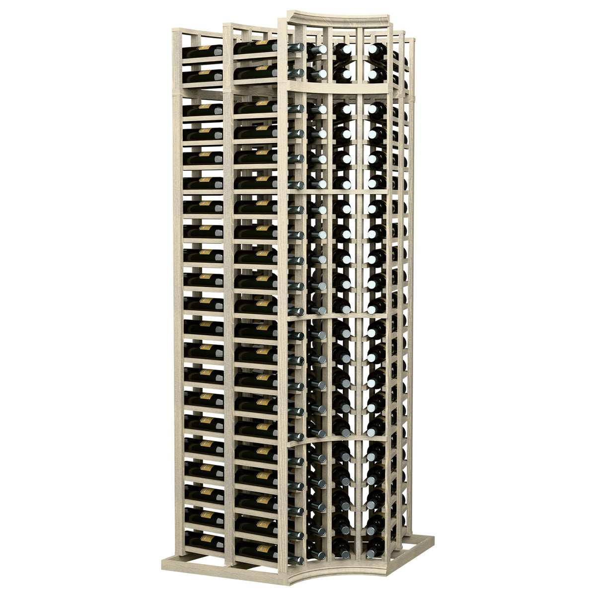 White 4-column double-deep wine rack with curved corner design, holds multiple bottles
