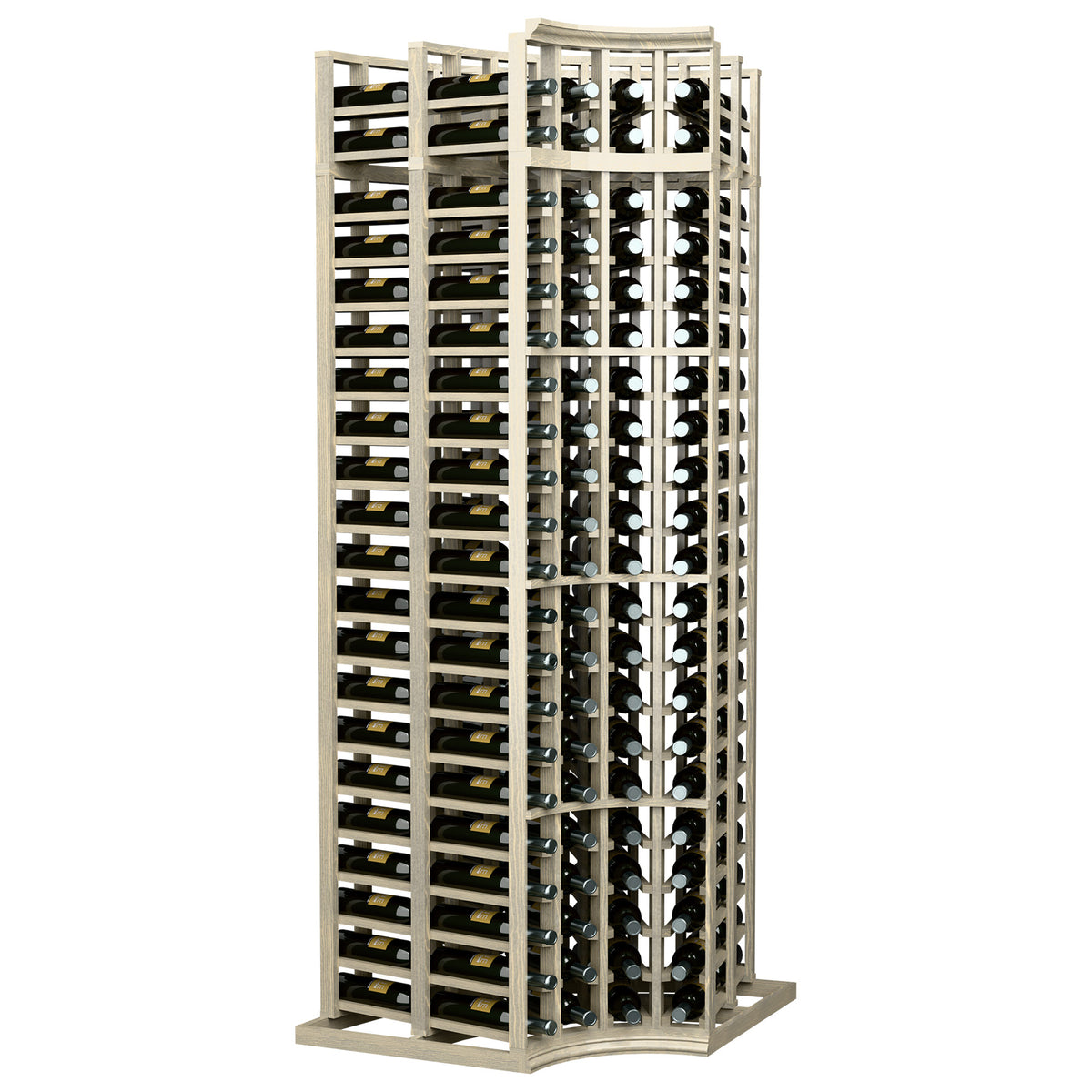 White 4-column double-deep wine rack with curved corner shelving and bottle slots