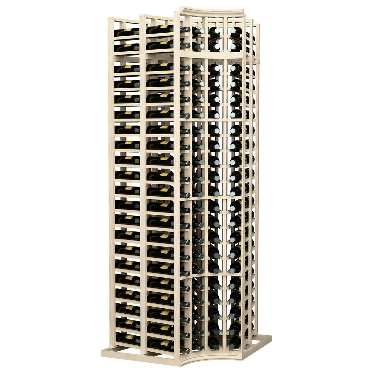 White 4-column curved corner wine rack with deep storage bays for bottles
