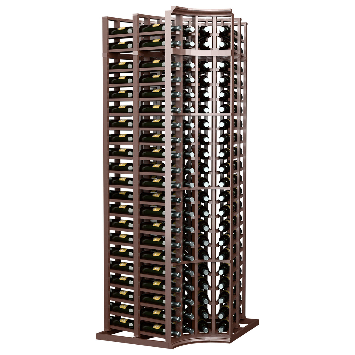 Dark brown curved corner double-deep wine rack, 4 columns with bottle slots