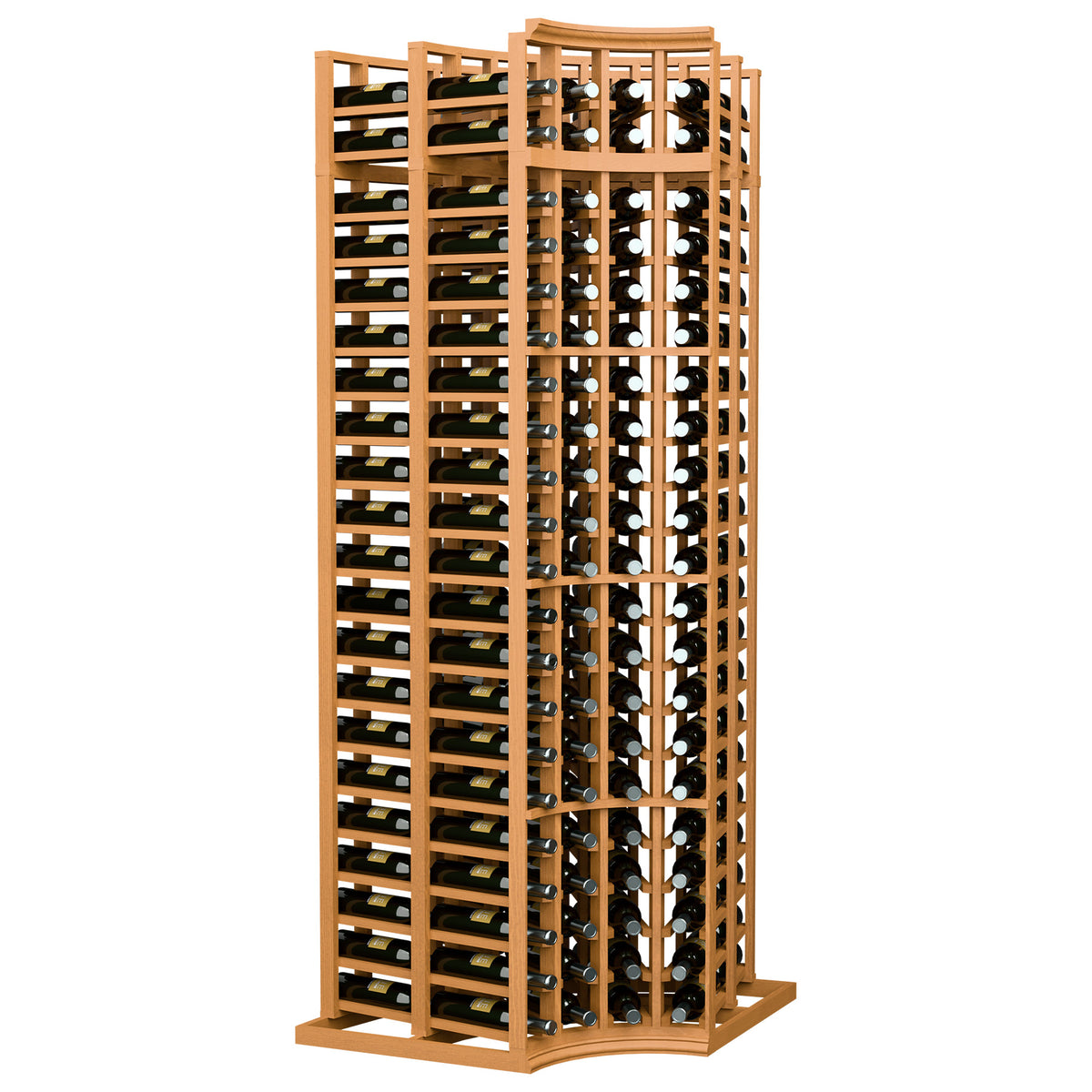 Light wood 4-column double-deep wine rack with curved corner design for bottles
