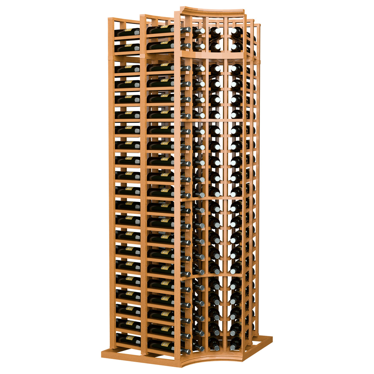 Light wood curved corner double-deep wine rack, 4-column bottle storage