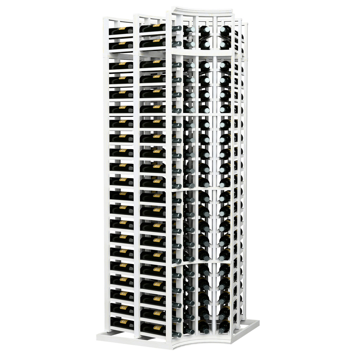 White 4-column double-deep wine rack with curved corner design and bottle holders