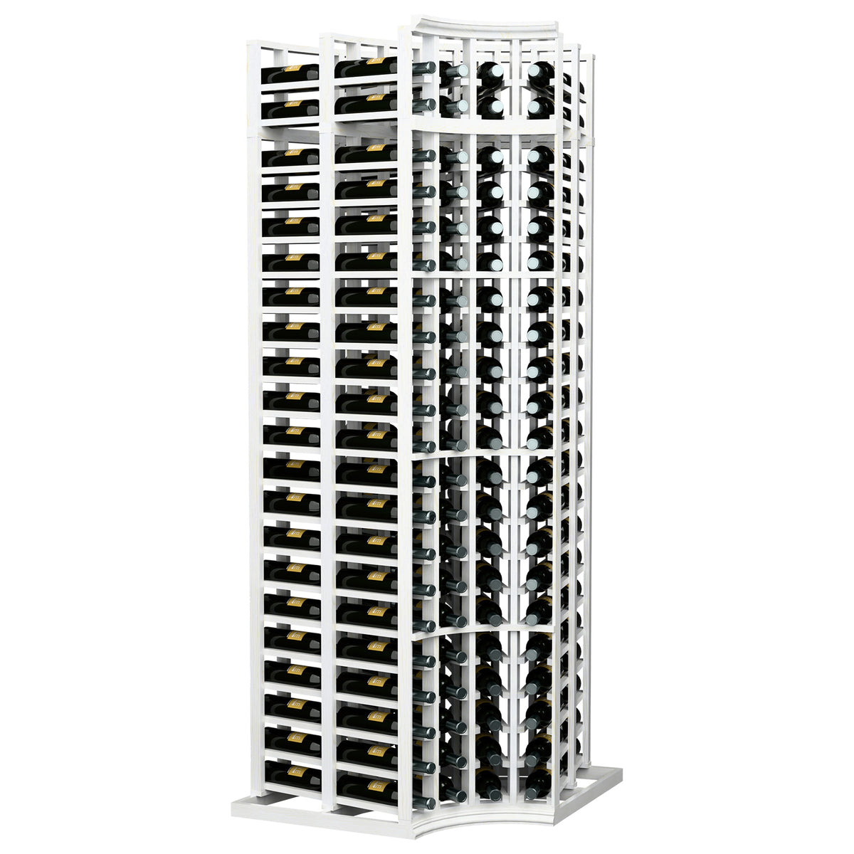 White curved corner double-deep wine rack, 4 columns of bottle slots on frame