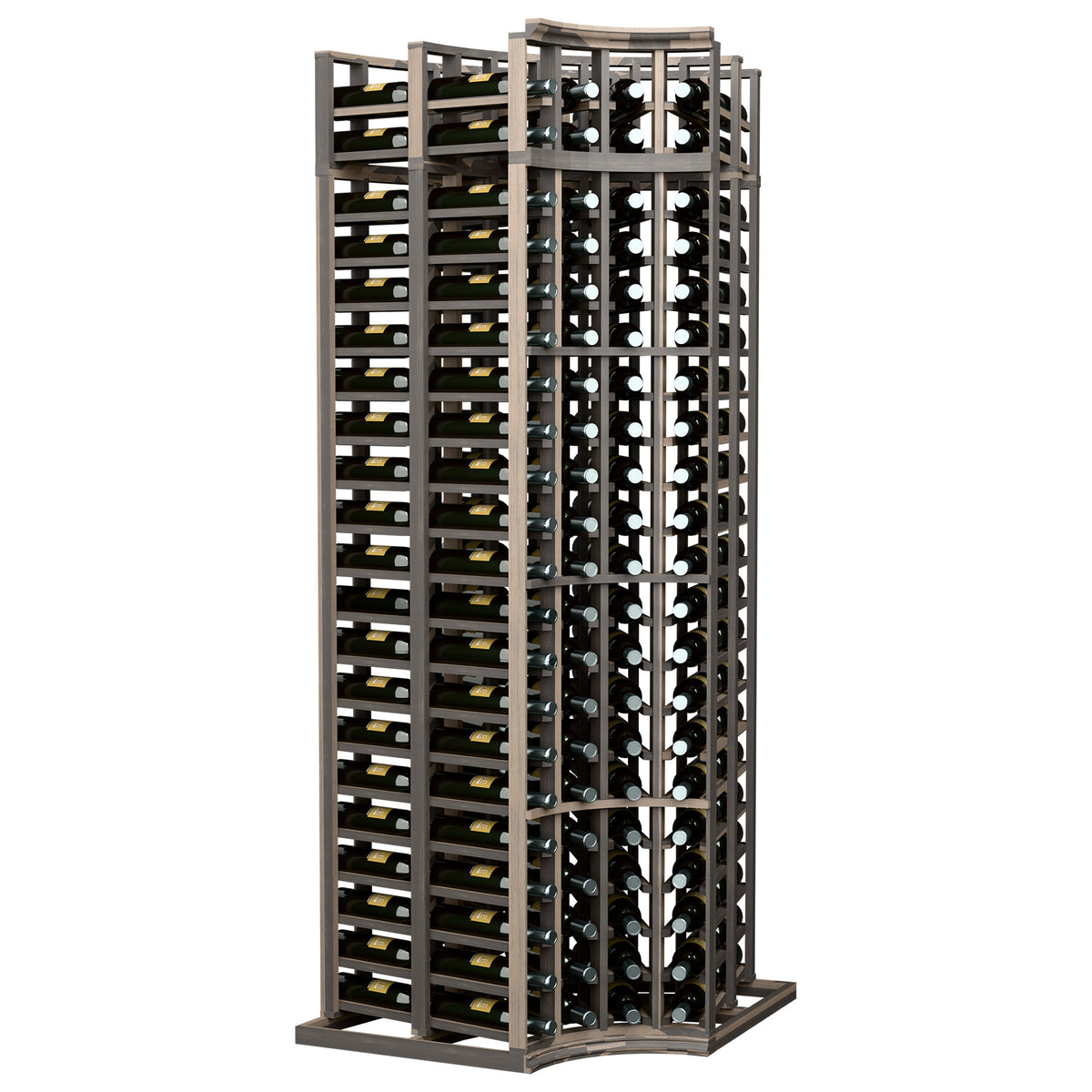 Dark wood 4-column double-deep wine bottle rack with curved corners, front view.