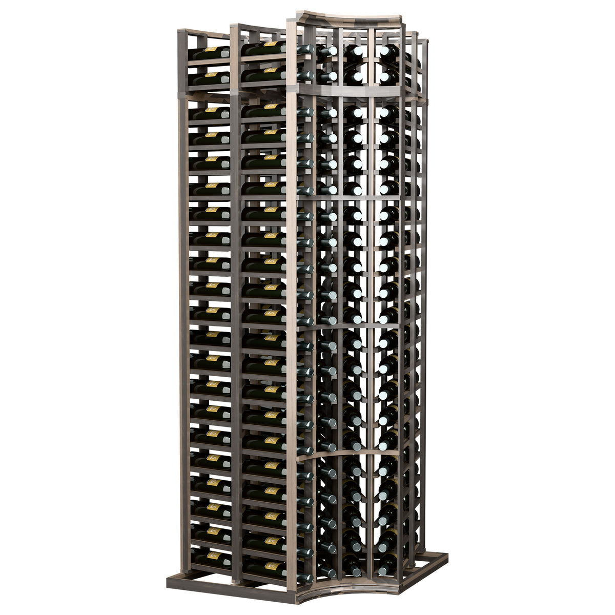 Dark wood 4-column double-deep wine bottle rack with curved corners and grid slots.