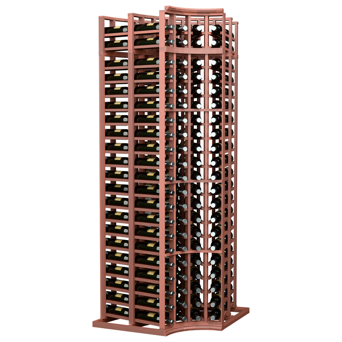 Red-brown 4-column double-deep wine bottle rack with curved corners, bottle holders visible.