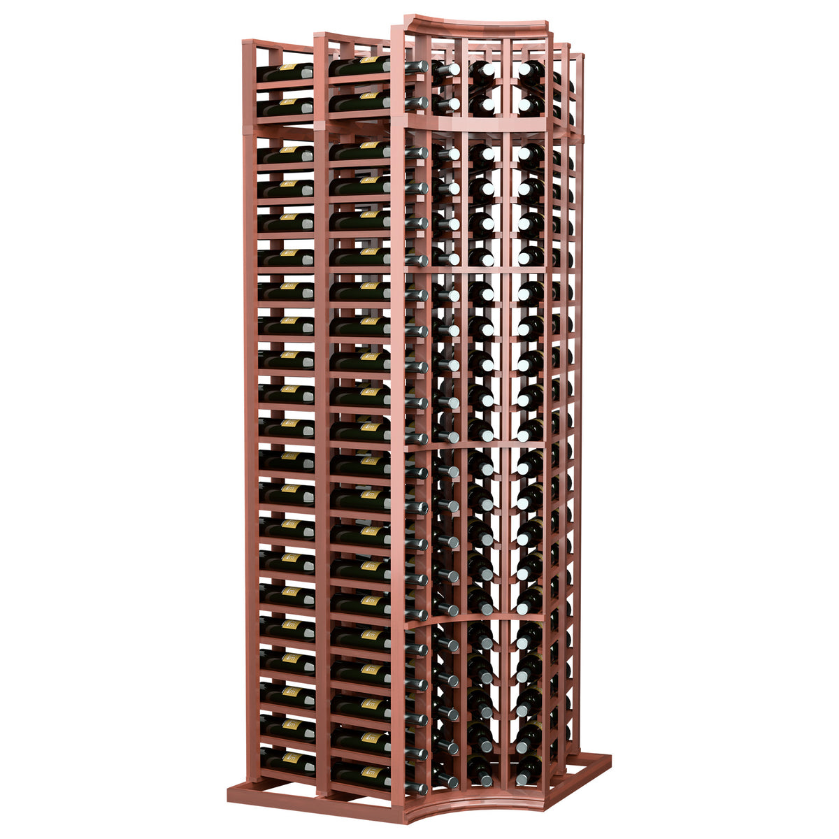 Red-brown 4-column double-deep wine bottle rack with curved corners and two deep rows.