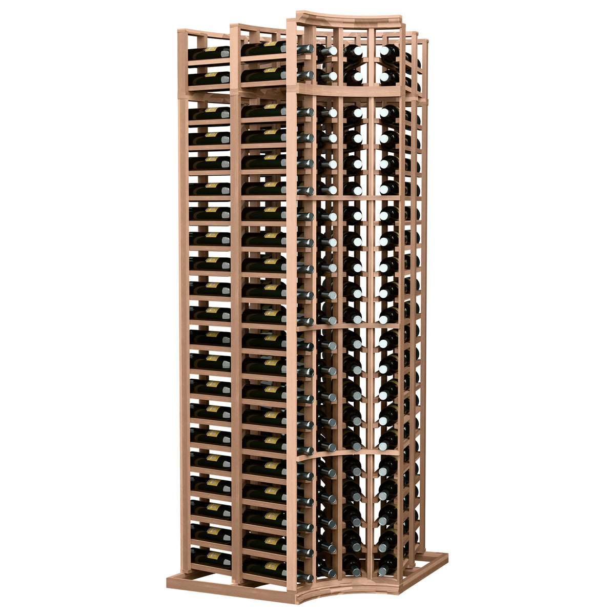 Light wood 4-column double-deep wine bottle rack with curved corners, front display frame.