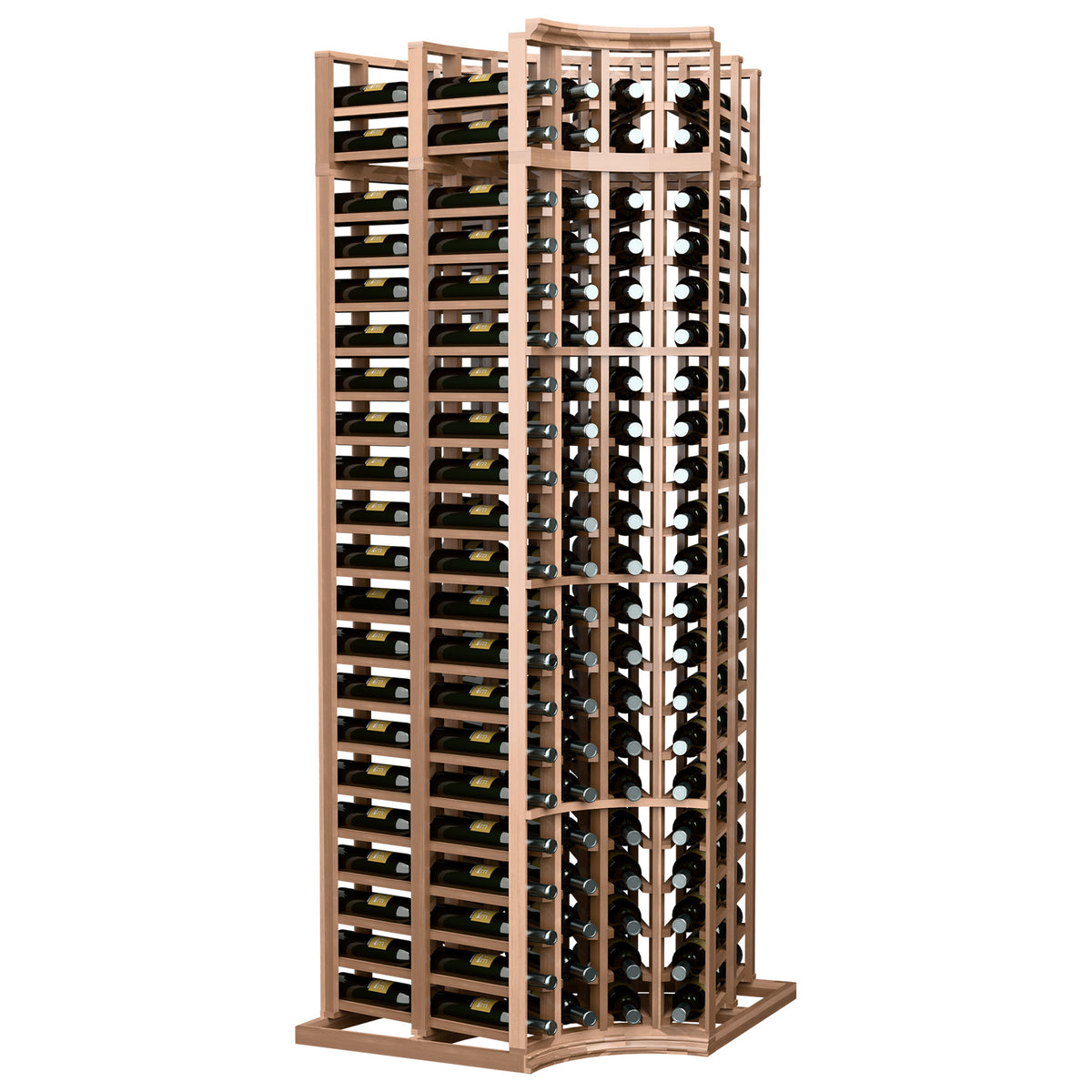 Light wood 4-column double-deep wine bottle rack with curved corners and bottle dividers.