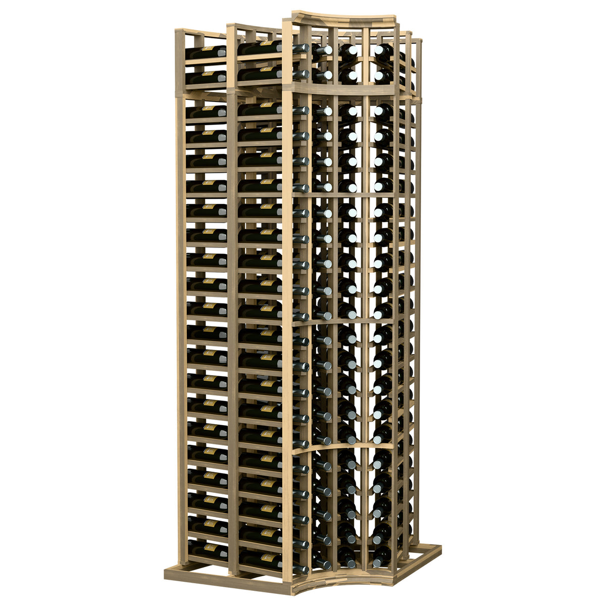Natural light wood 4-column double-deep wine bottle rack with curved corners, standing base.