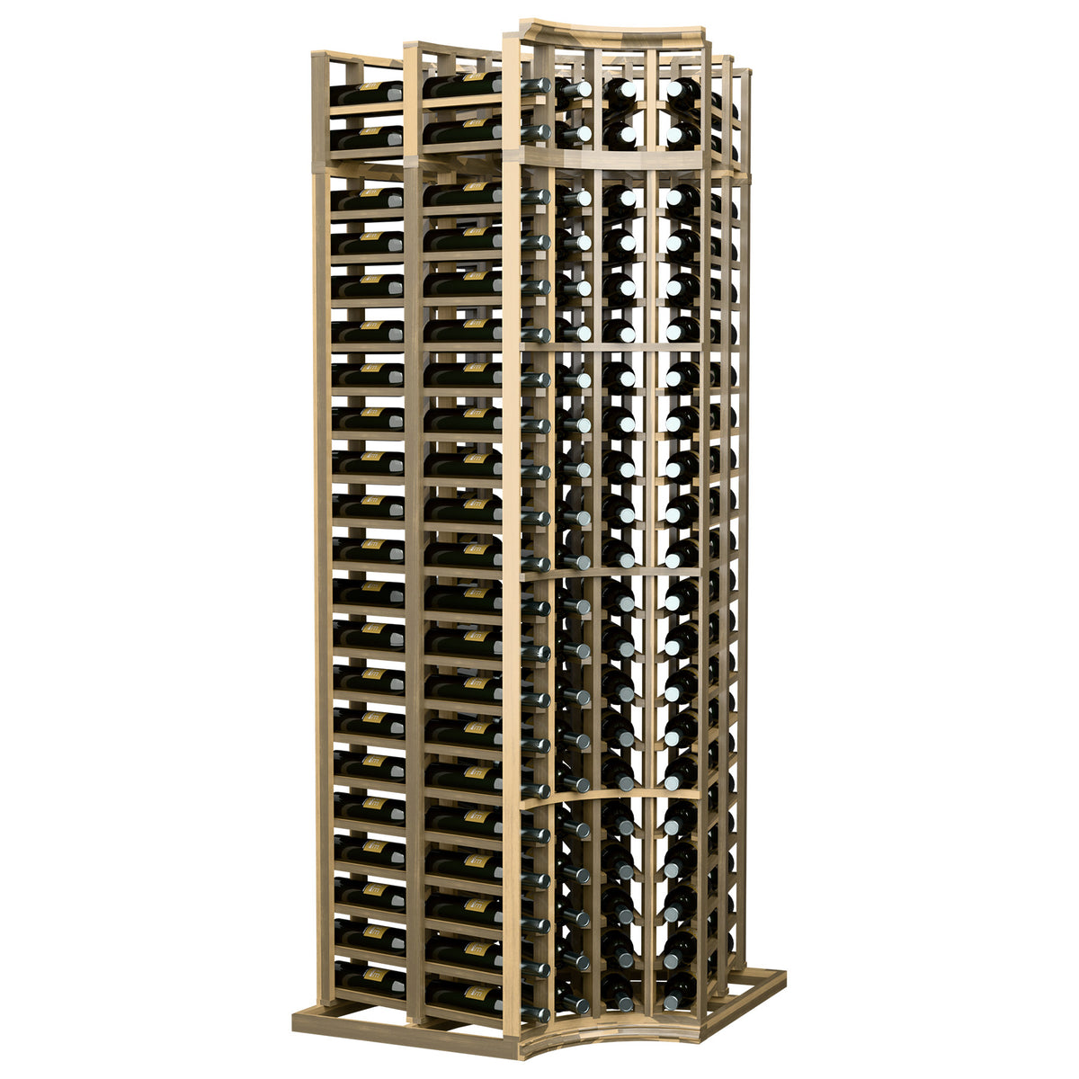 Natural light wood 4-column double-deep wine bottle rack with curved corners and front supports.