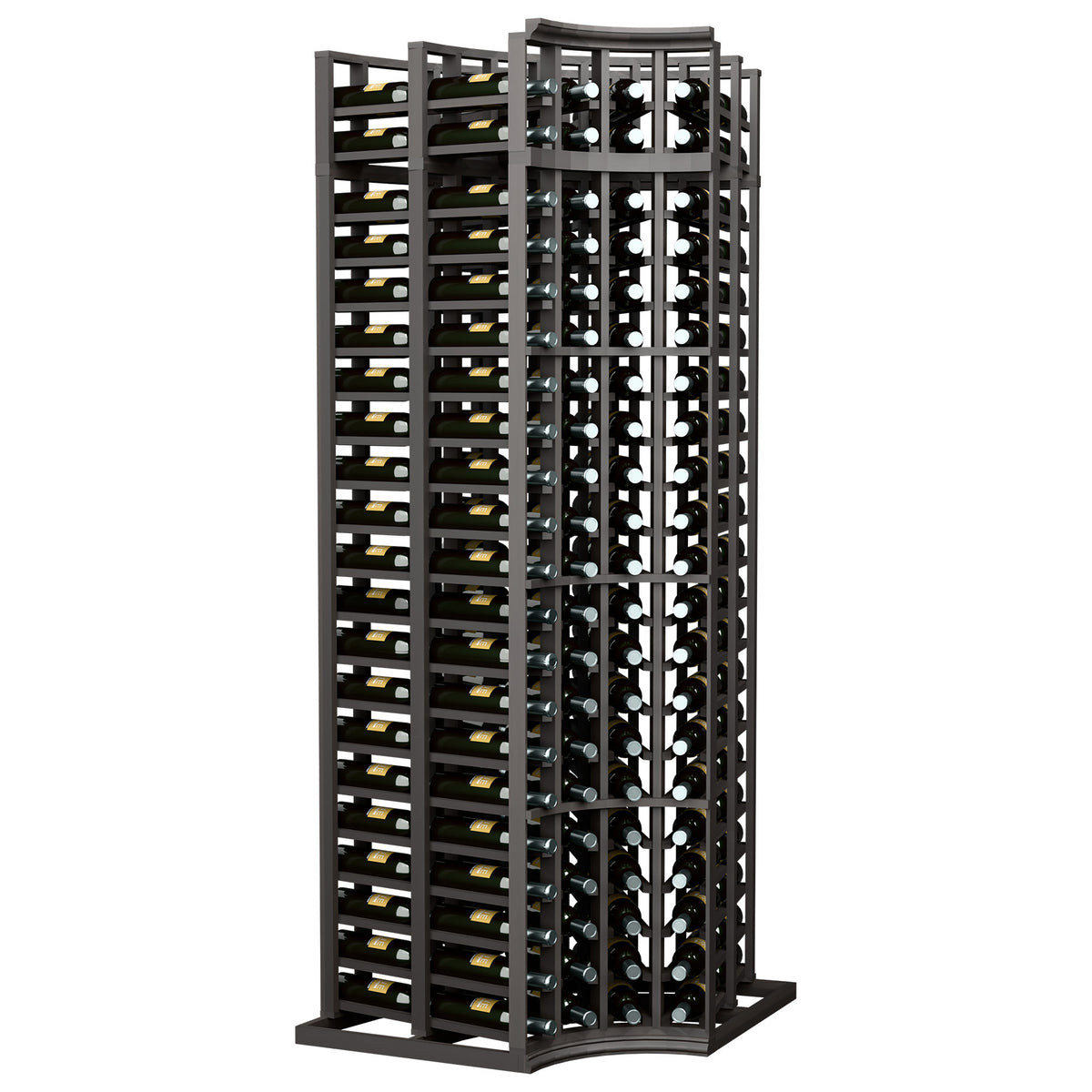 Dark wood 4-column double-deep wine bottle rack with curved corners and raised base.