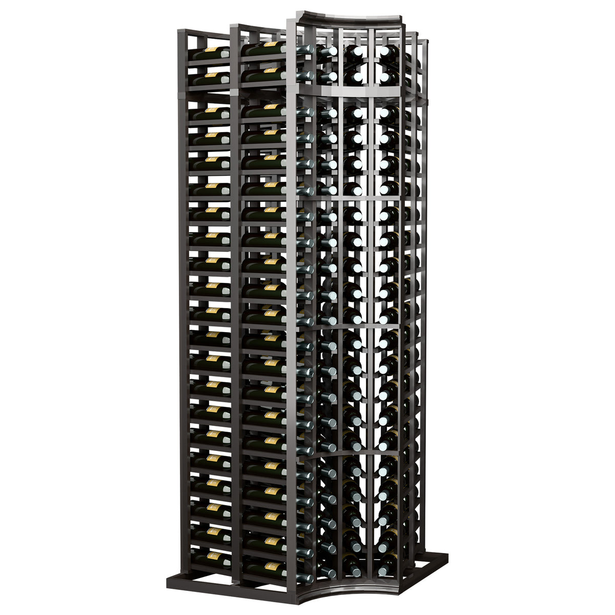 Dark wood 4-column double-deep wine bottle rack with curved corners, bottle slot grid front.