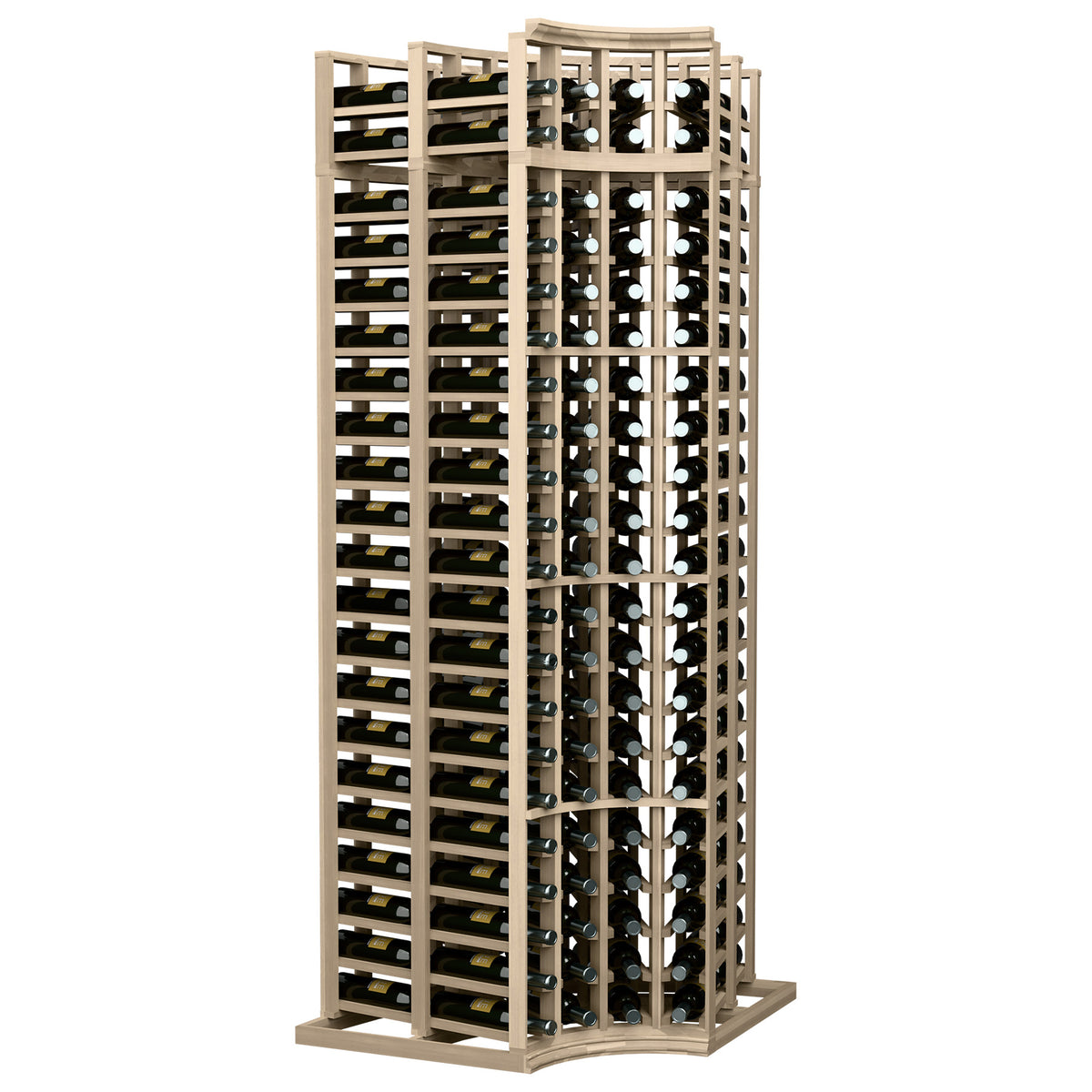 Wine bottle storage rack with curved corner, four-sided divided slots in light wood