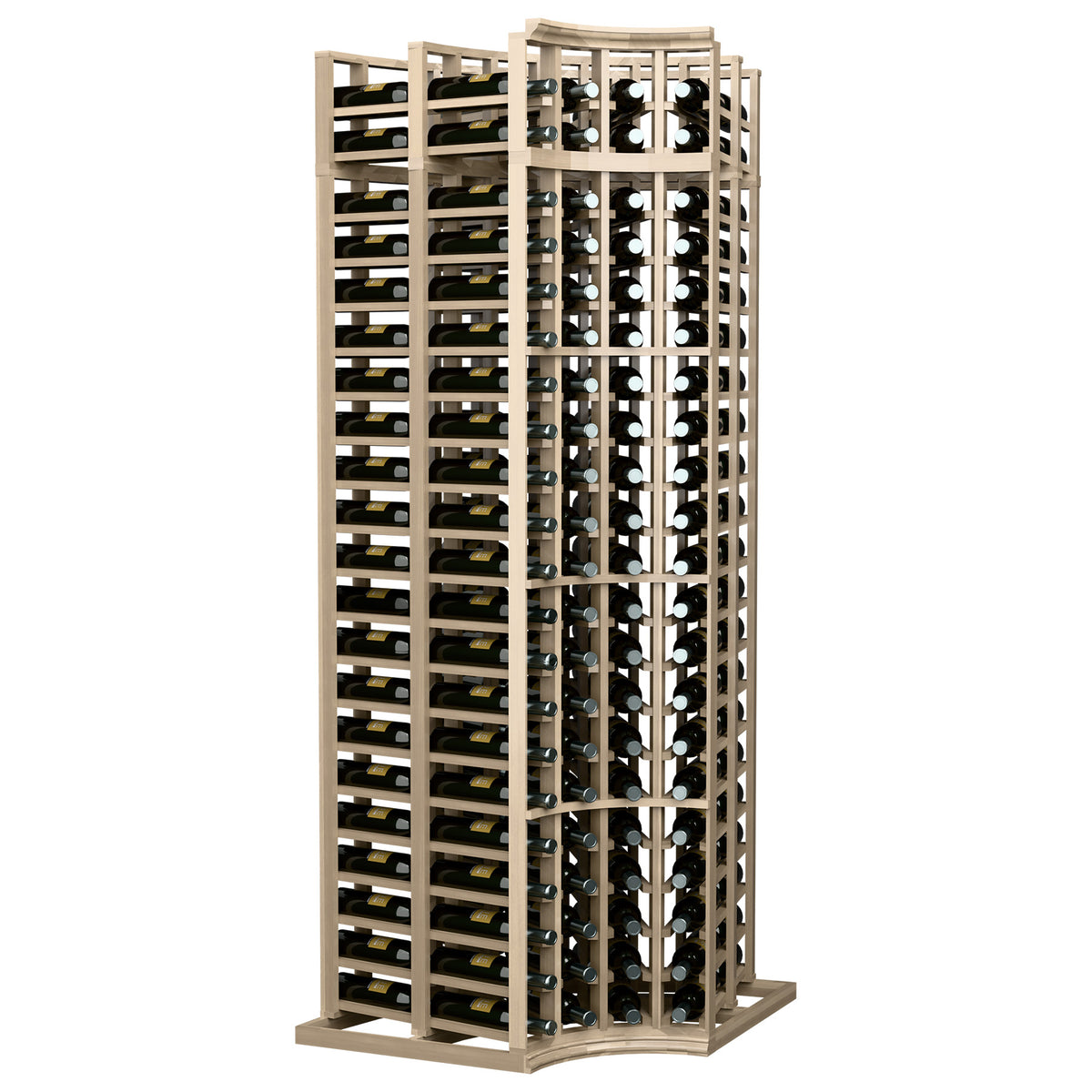Wine bottle storage rack with curved corner and divided bottle rows in light wood