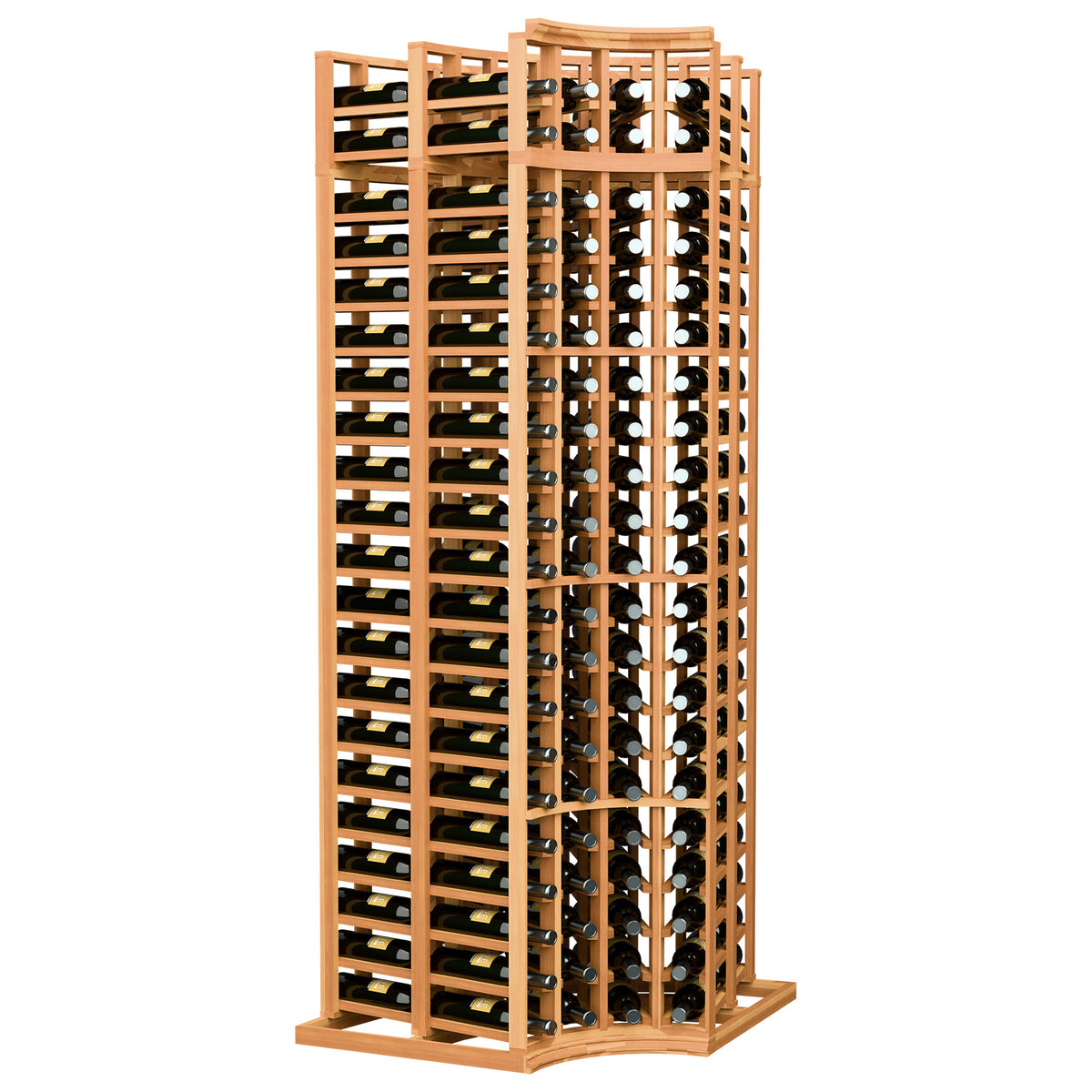 Wine bottle storage rack with curved corner, divided rows for bottles in warm wood
