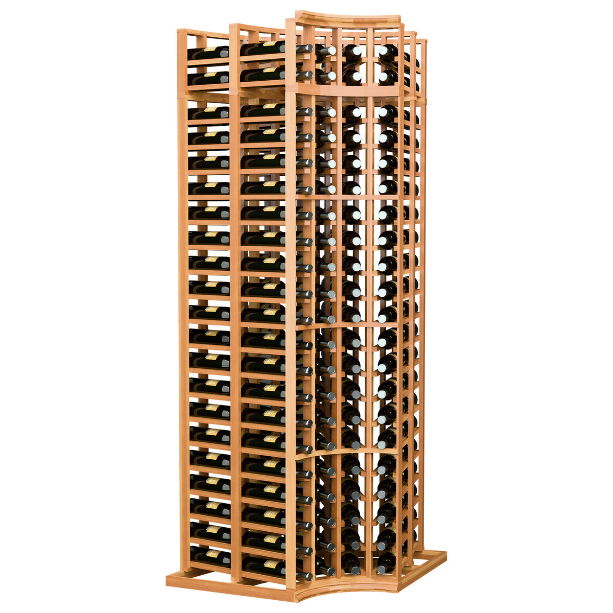 Wine bottle storage rack with curved corner and four columns of divided bottle slots