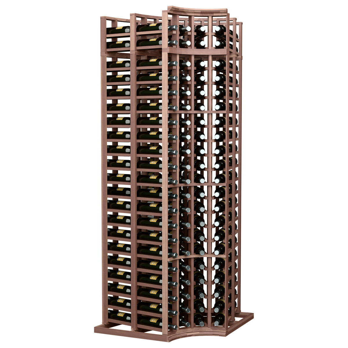 Wine bottle storage rack with curved corner, dark wood frame, divided bottle rows