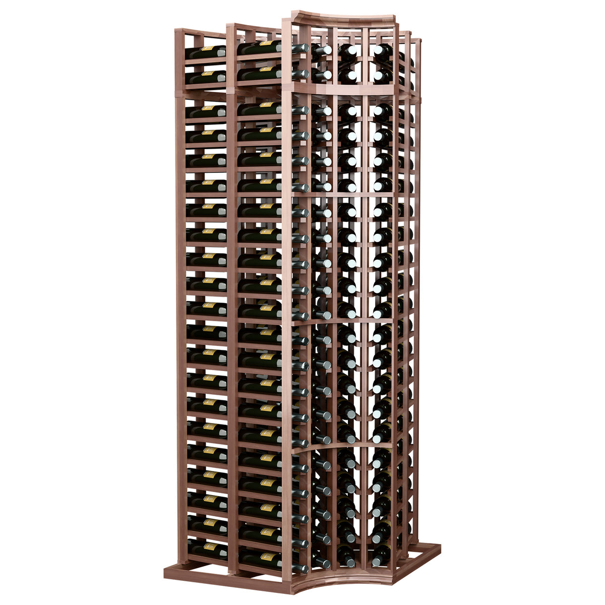Wine bottle storage rack with curved corner and four columns of divided bottle slots