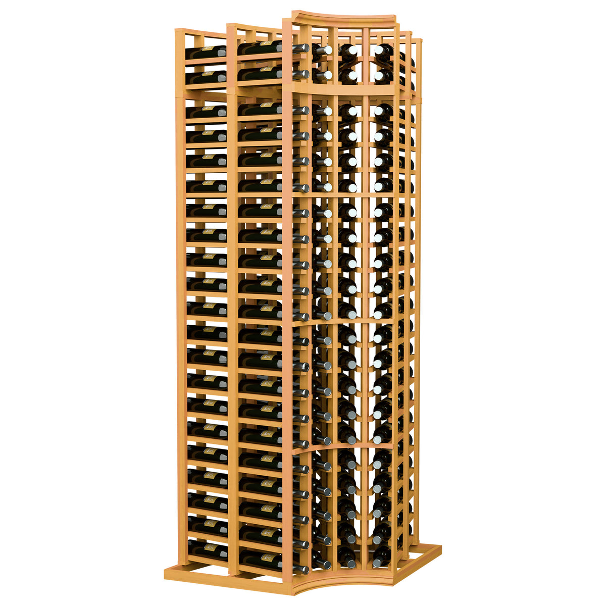 Wine bottle storage rack with curved corner, honey-toned wood, divided bottle rows